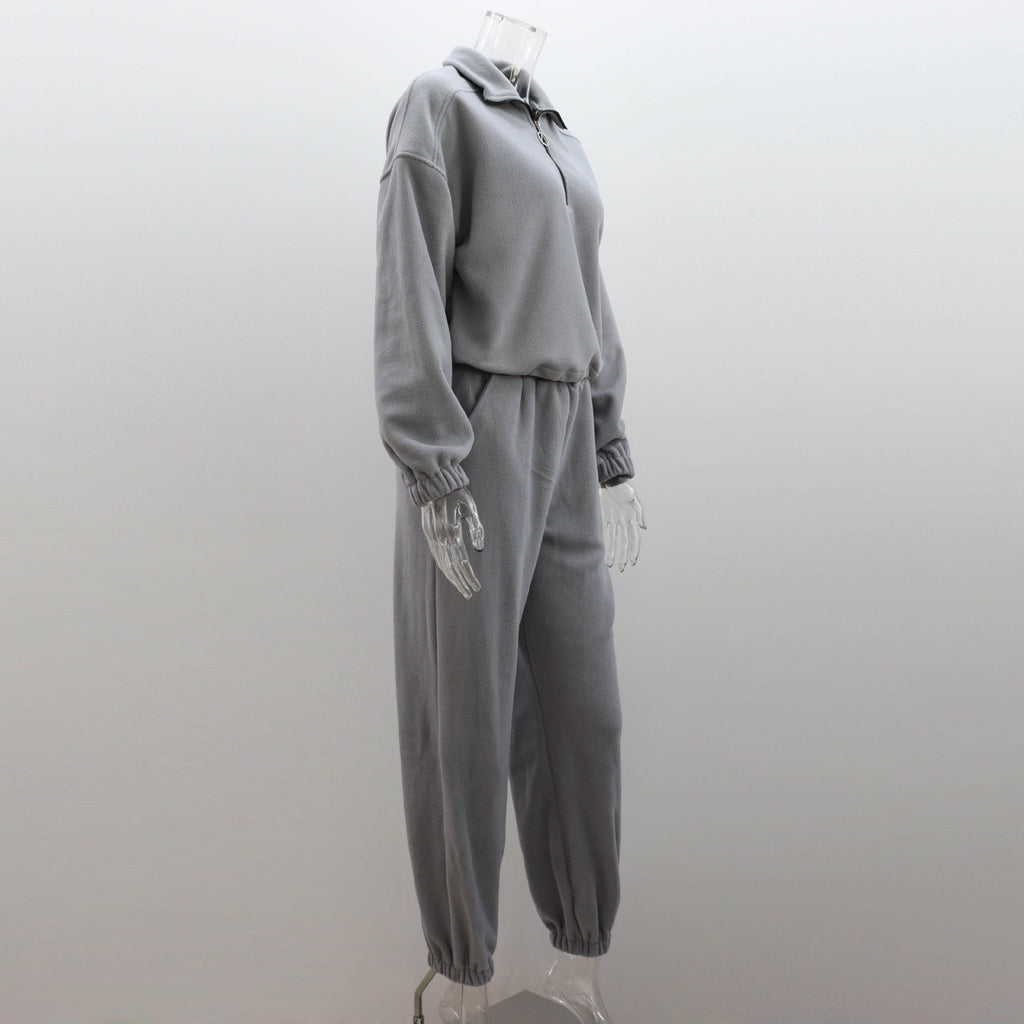 Fleece Sweater Suit Women Autumn Winter Polo Collar Top Casual Pants Two Piece Set Women