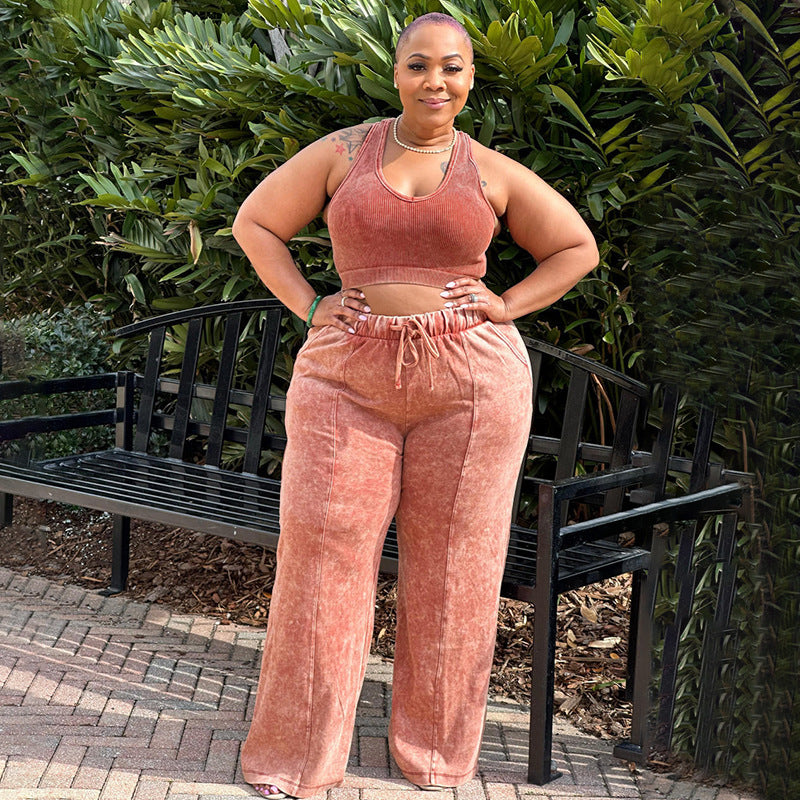 Plus Size Women Clothing Sleeveless Cropped Outfit Short Top Elastic Waist Wide Leg Pants Set