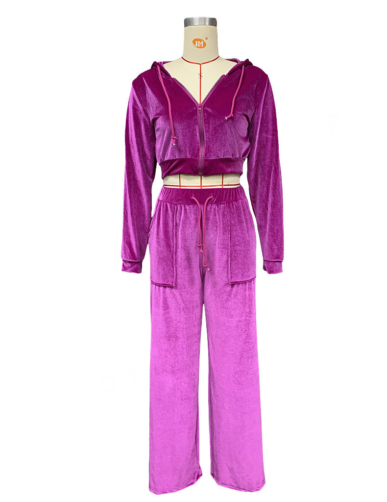 Autumn Winter Ladies Hooded Sweatshirt Korean Velvet Sports Casual Pants Suit