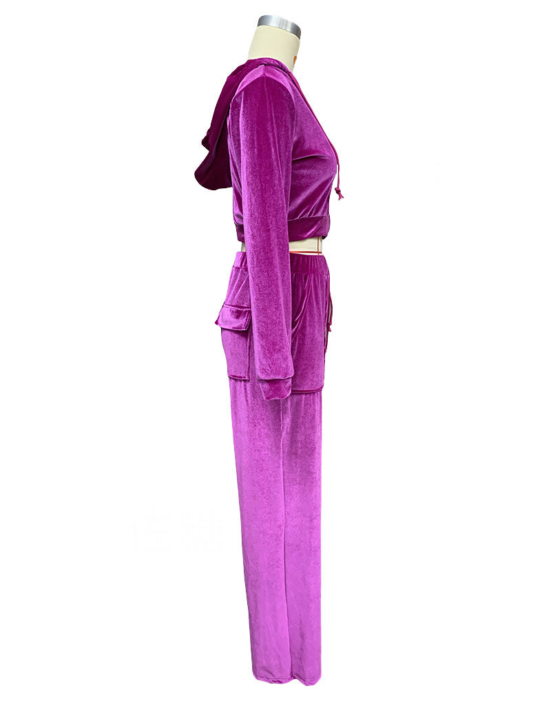 Autumn Winter Ladies Hooded Sweatshirt Korean Velvet Sports Casual Pants Suit