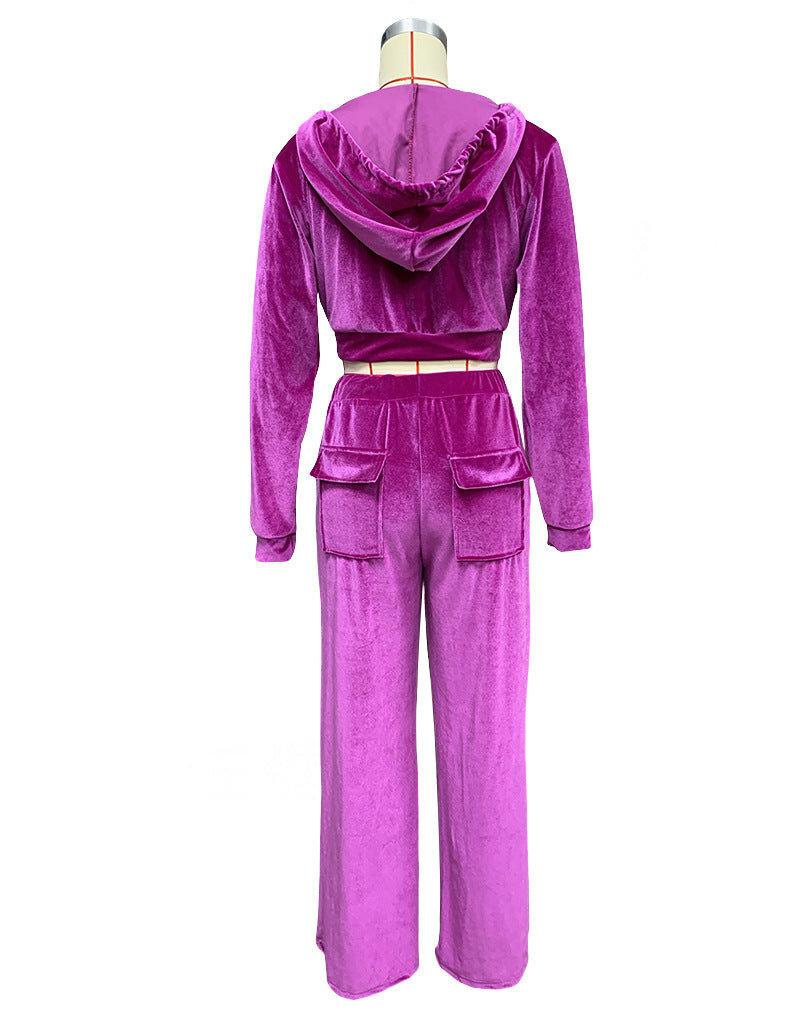 Autumn Winter Ladies Hooded Sweatshirt Korean Velvet Sports Casual Pants Suit