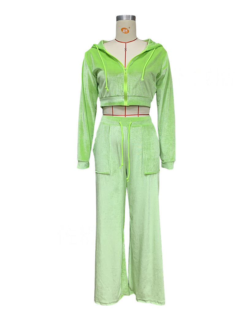 Autumn Winter Ladies Hooded Sweatshirt Korean Velvet Sports Casual Pants Suit