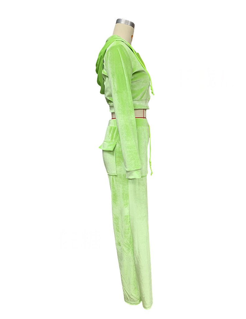 Autumn Winter Ladies Hooded Sweatshirt Korean Velvet Sports Casual Pants Suit