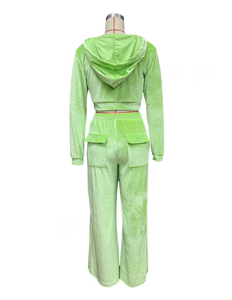 Autumn Winter Ladies Hooded Sweatshirt Korean Velvet Sports Casual Pants Suit