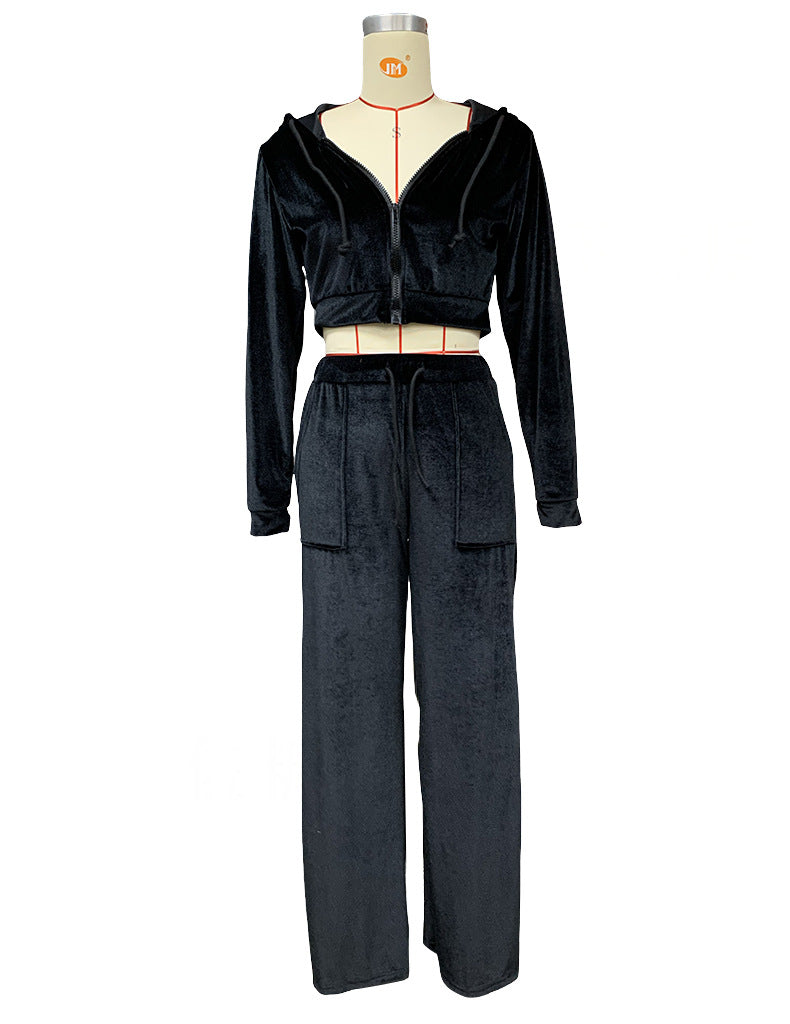 Autumn Winter Ladies Hooded Sweatshirt Korean Velvet Sports Casual Pants Suit