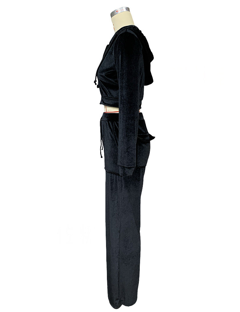 Autumn Winter Ladies Hooded Sweatshirt Korean Velvet Sports Casual Pants Suit