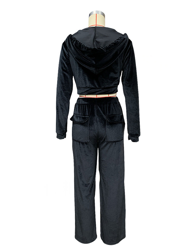 Autumn Winter Ladies Hooded Sweatshirt Korean Velvet Sports Casual Pants Suit