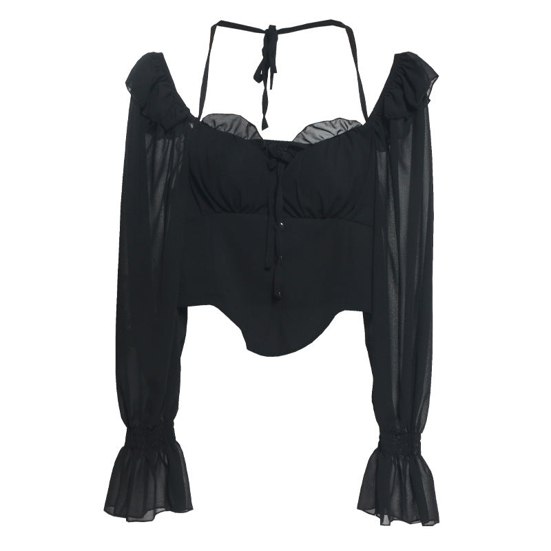Sexy Off Shoulder Halter Lace Up Long Sleeve Chiffon Shirt Wooden Ear Backless Shirt Short Top With Chest Pad