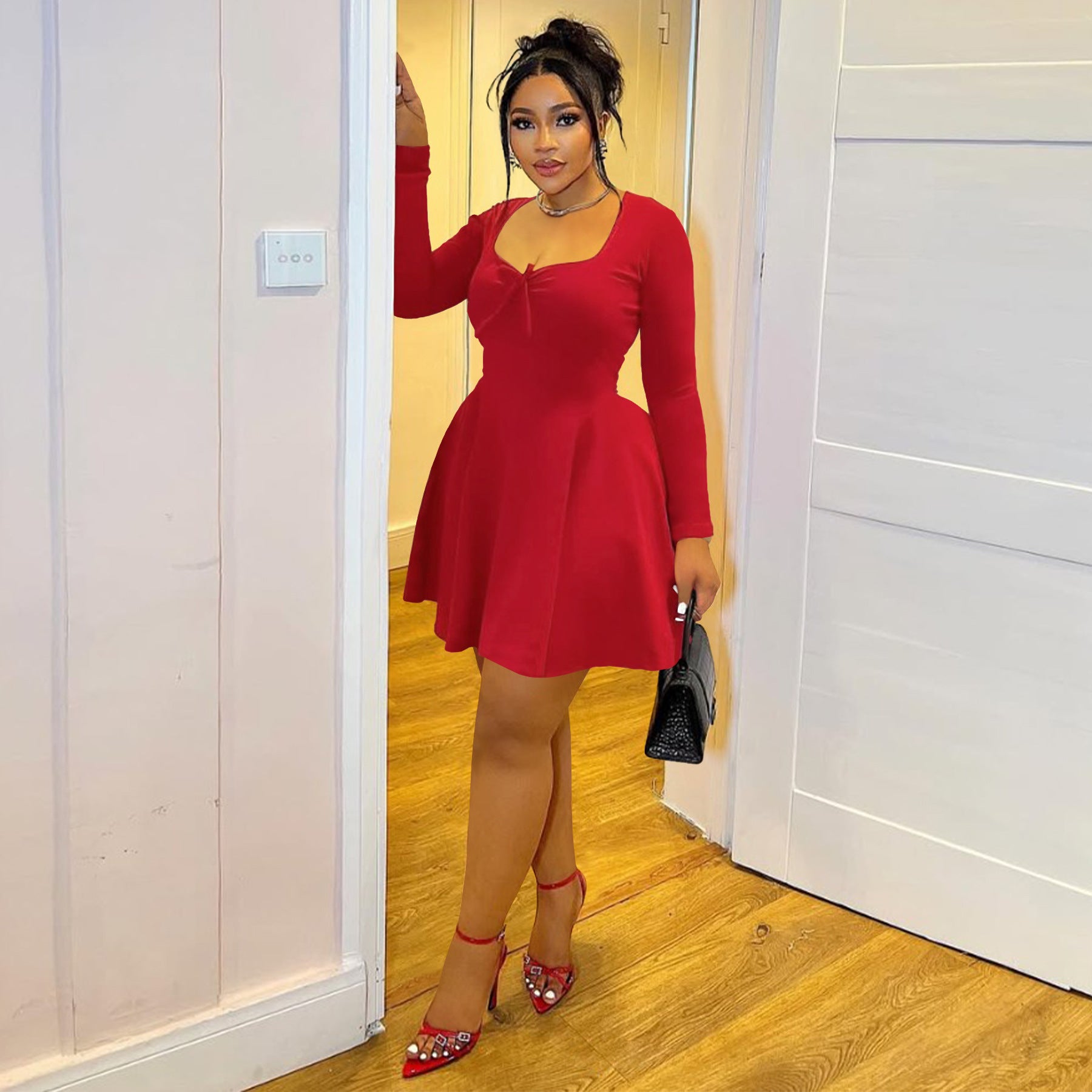 Plus Size Women Clothes Summer Sexy Bandeau Slim Fit Waist Controlled Slimming Long Sleeve Dress