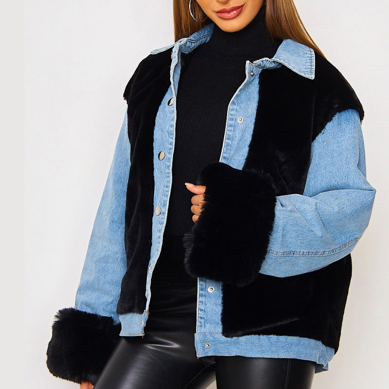 Lady Denim Jacket Casual Plush Denim Stitching Warm Coat Fall winter Jacket
