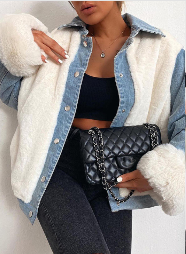 Lady Denim Jacket Casual Plush Denim Stitching Warm Coat Fall winter Jacket