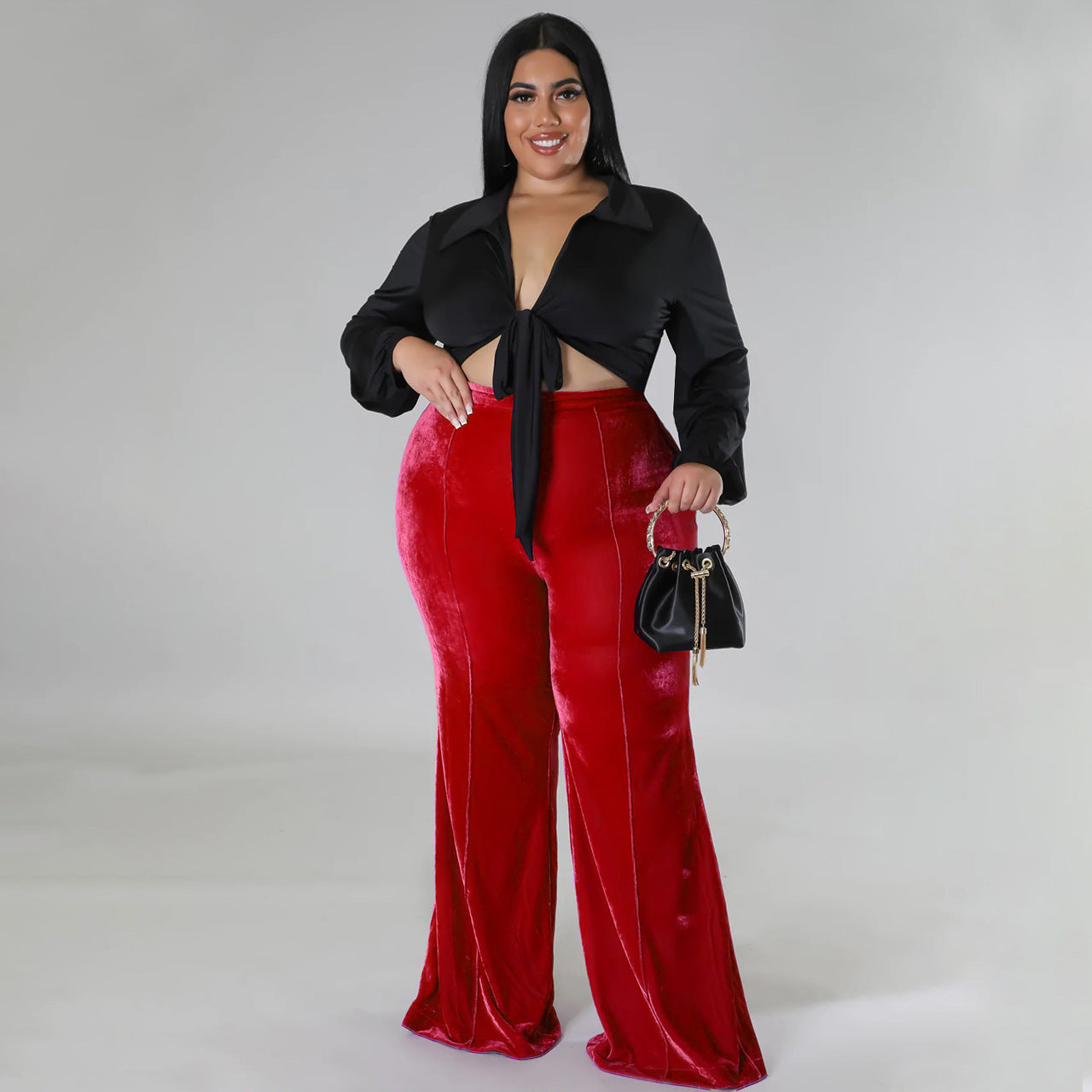 Winter Women Clothing Patchwork Korean Velvet Bootcut Trousers High Waist Casual Pants