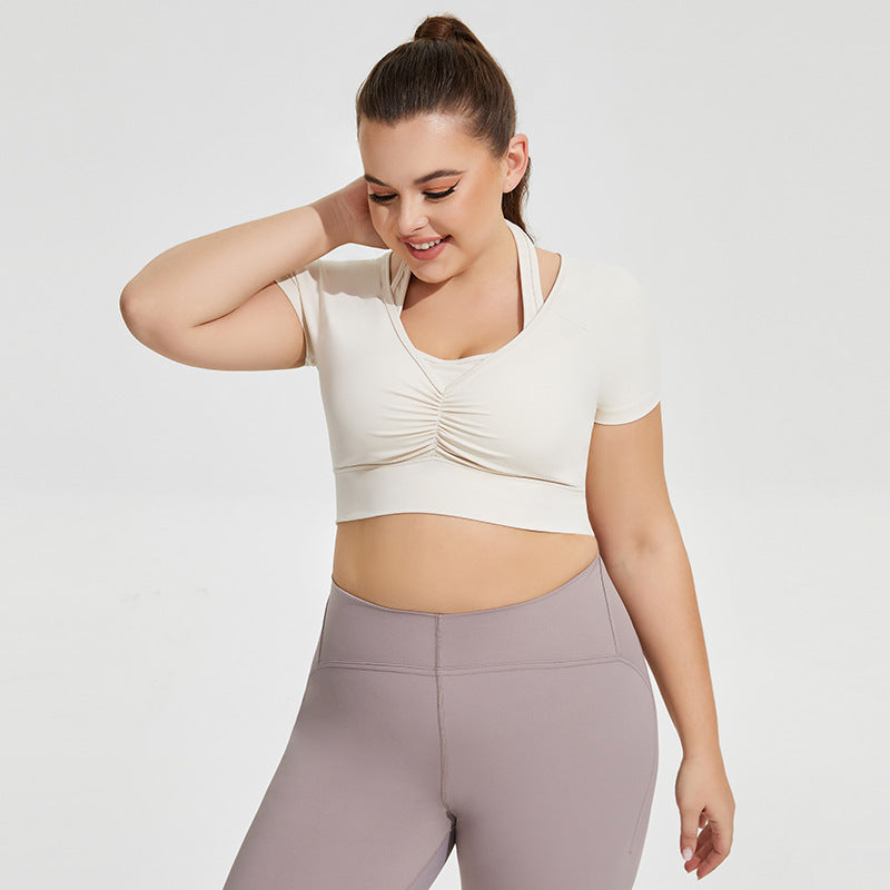 Plus Size Halter Yoga Clothes Chest Pad Women Sexy Running Exercise Underwear Short T Shirt Long Sleeve Workout Clothes Top