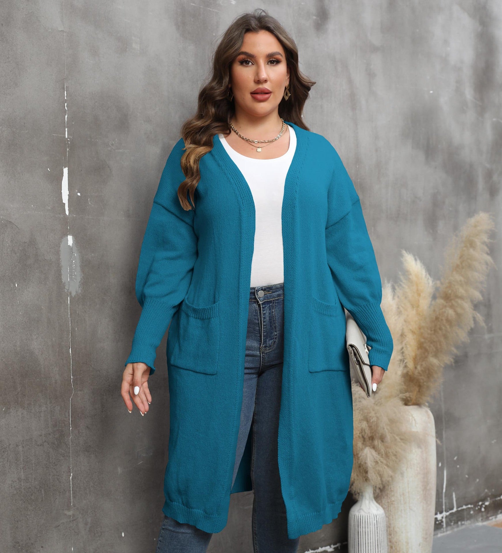 Women Coat plus Size Women Clothes Loose Mid Length Woven Sweater Double Pocket Lantern Sleeve Sweater Cardigan