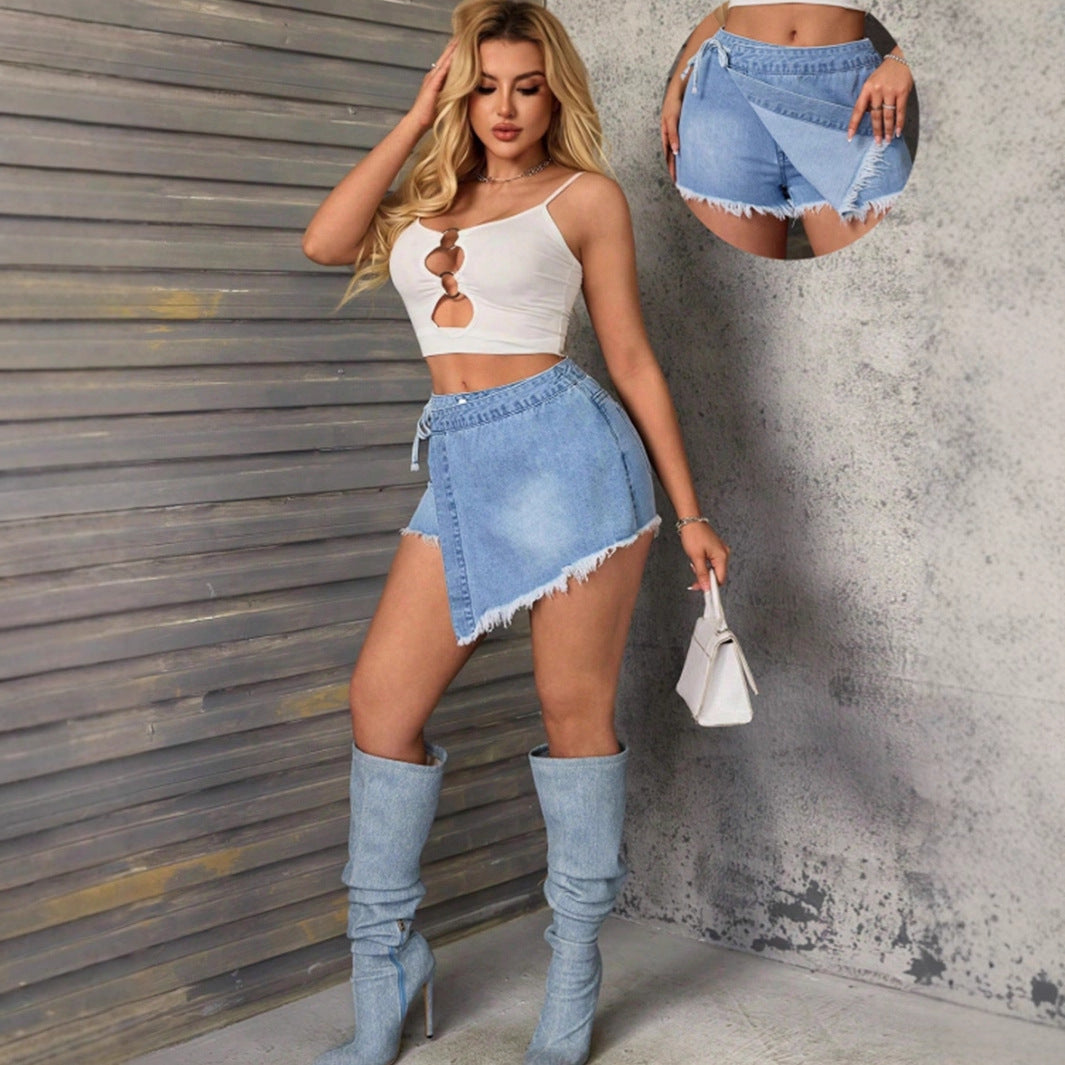 Women Sheath Irregular Asymmetric Denim Shorts