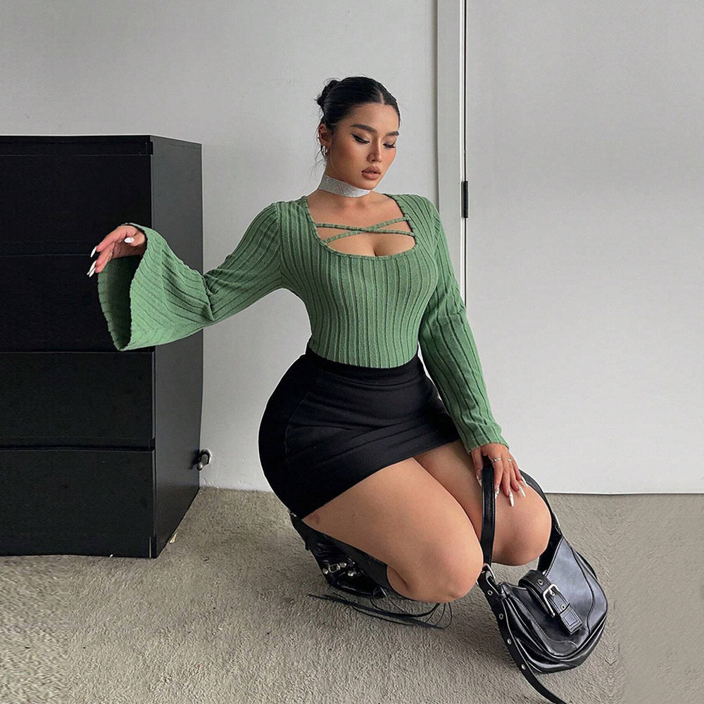 Plus Size Women Clothes Square Collar Adult Lady like Woman T shirt Autumn Winter Bell Sleeve Elegant Top