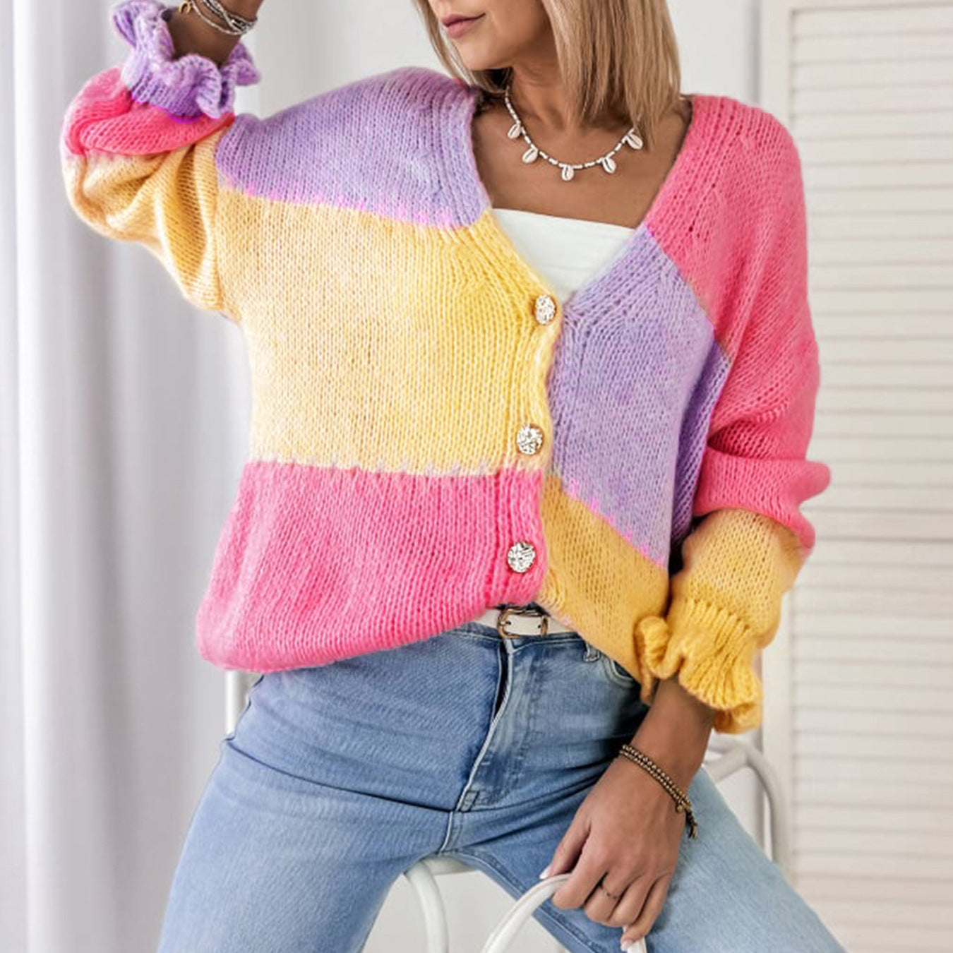 Women Autumn Winter Sweater Color Block Stitching Casual Loose Ruffled Long Sleeve Knitted Cardigan