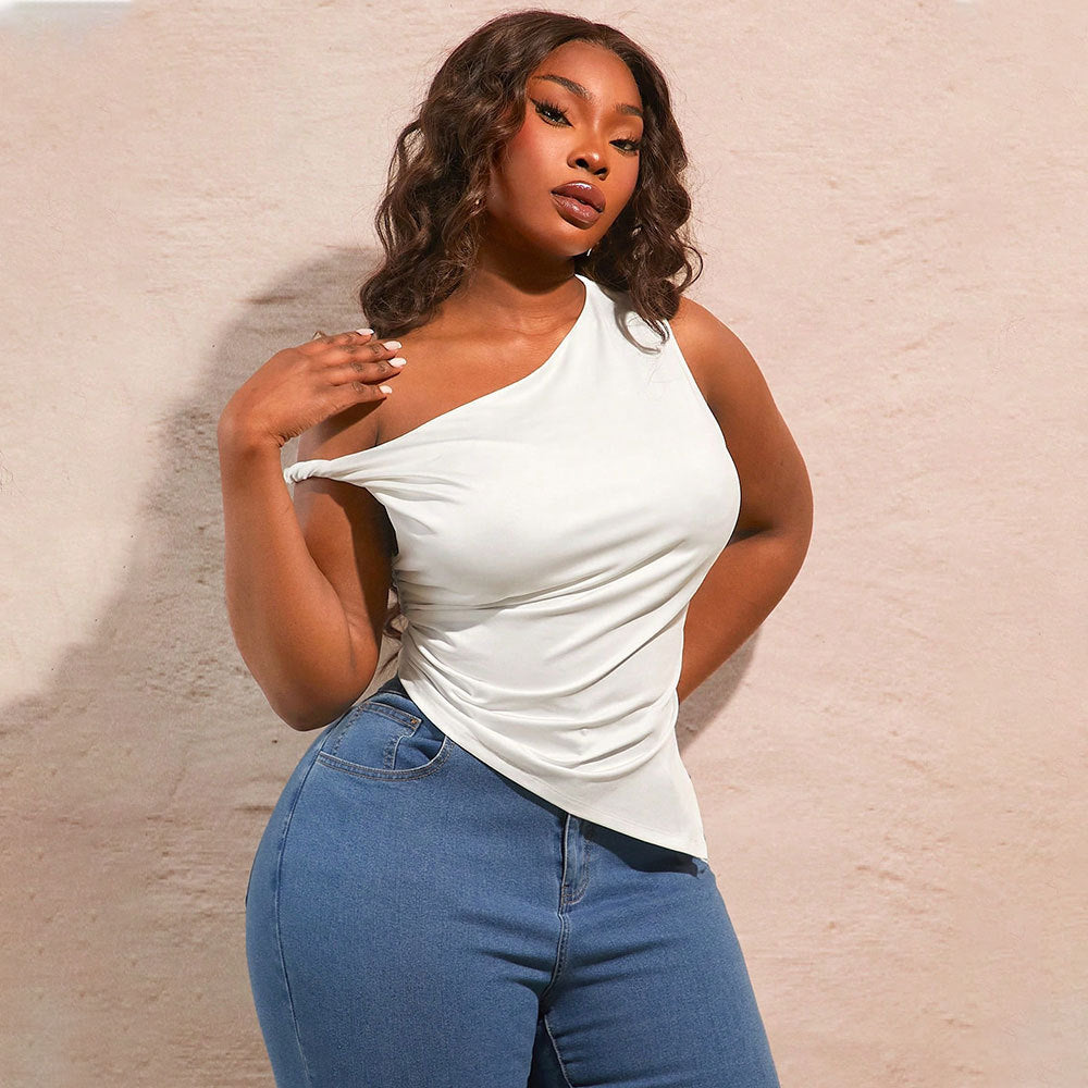 Plus Size Women Clothes Sexy Diagonal Collar T shirt Summer Cold Shoulder Sleeveless Irregular Asymmetric Top
