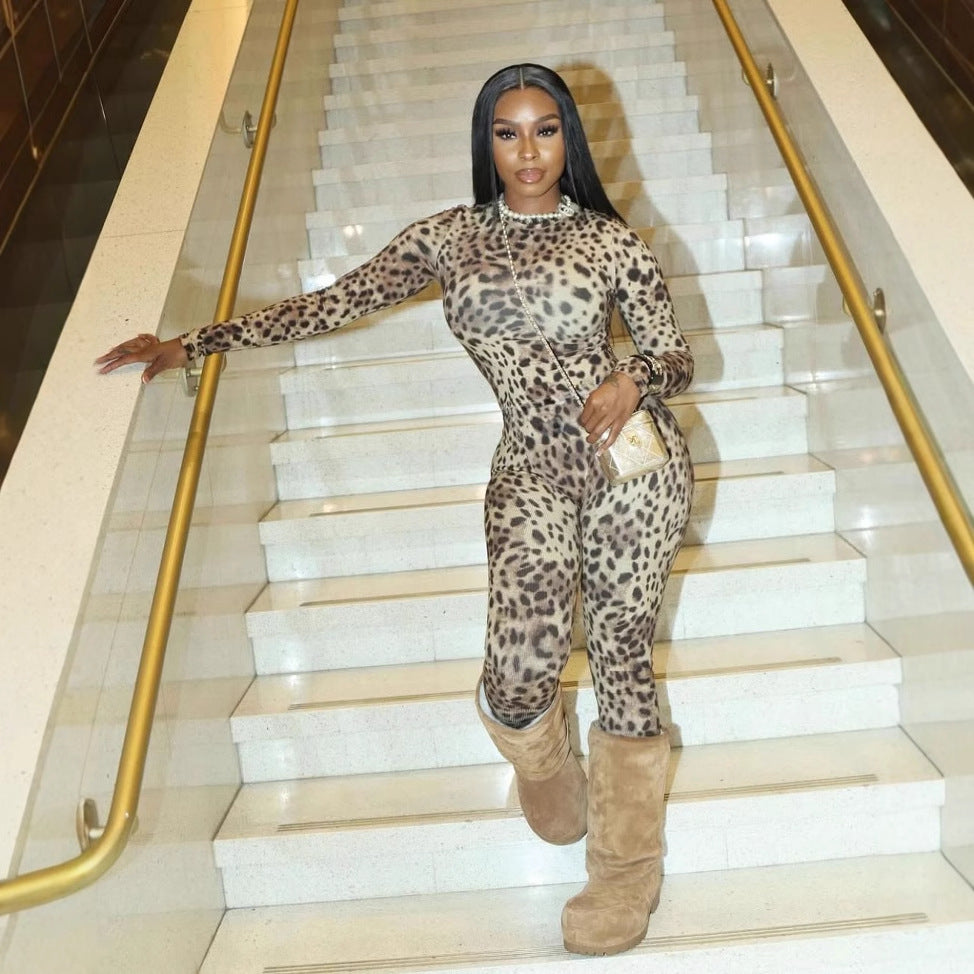 Autumn Winter Leopard Print Wild Slim Sexy Stretch Long Sleeve Short Top Trousers Set