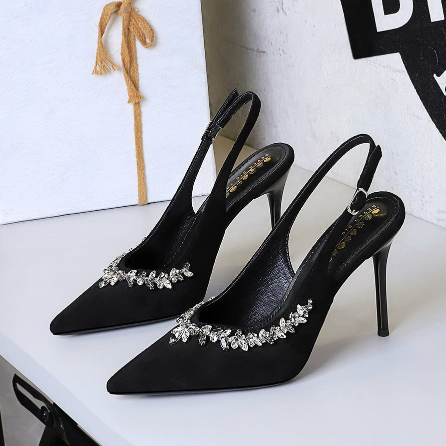 Cocktail High Heels Stiletto Heel Pointed Toe Rhinestone Shallow Mouth Suede Back Empty Back Strap Super High Heel Shoes