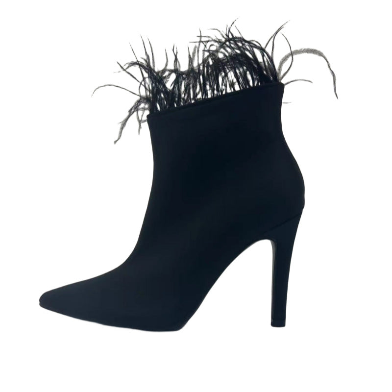 Autumn Suede Pointed Toe Stiletto Short Boots Women Stitching Feather Side Zipper Autumn Elegant Boots