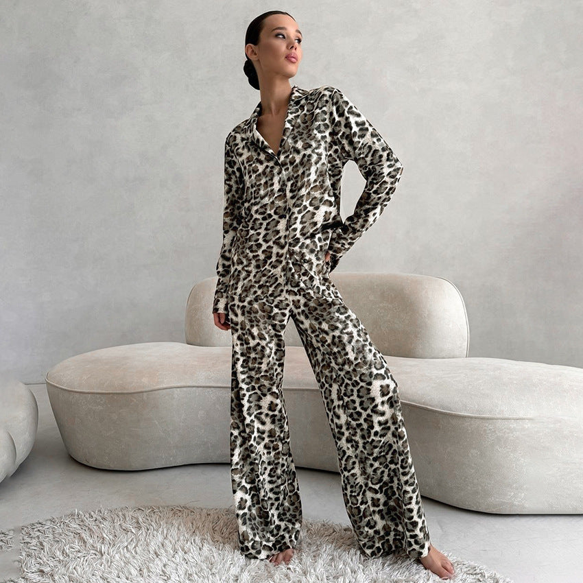 Autumn Satin Leopard Print Soft Comfortable Pajamas Long Sleeved Trousers Women Homewear