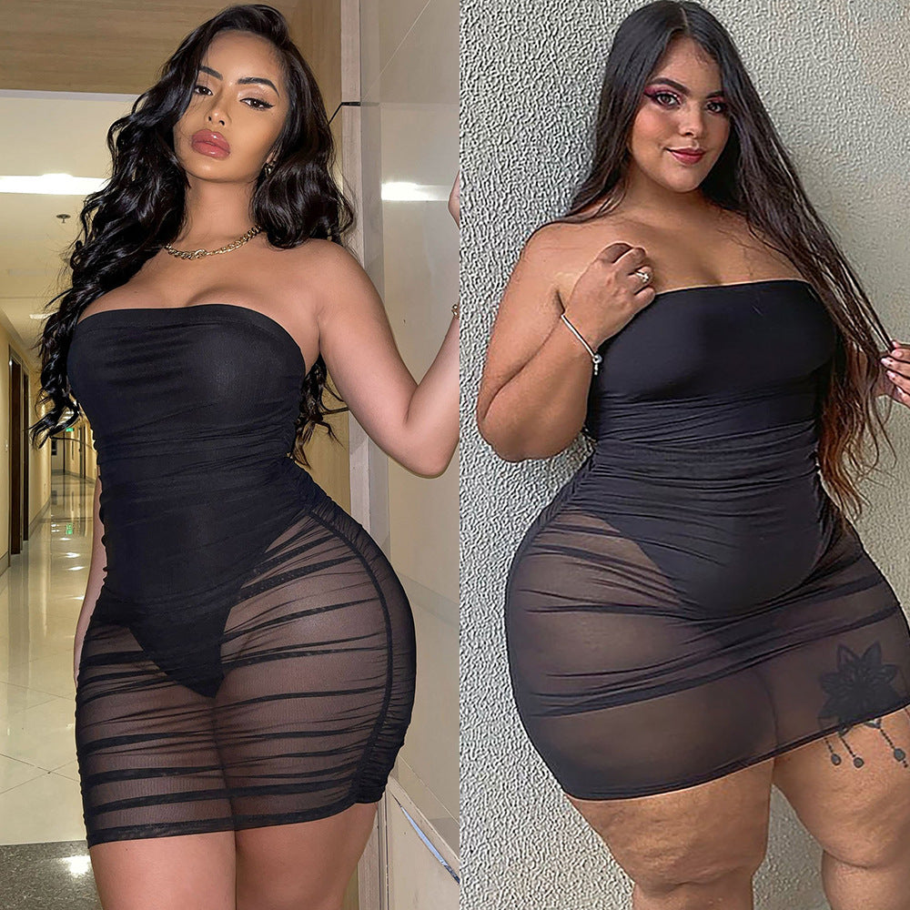 Plus Size Sexy Big Brand Sheer Mesh Tight Slim Dress Dress