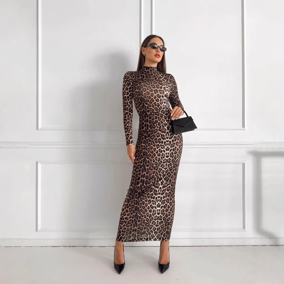 Autumn Leopard Print Stand Collar Long Sleeve Maxi Dress Women
