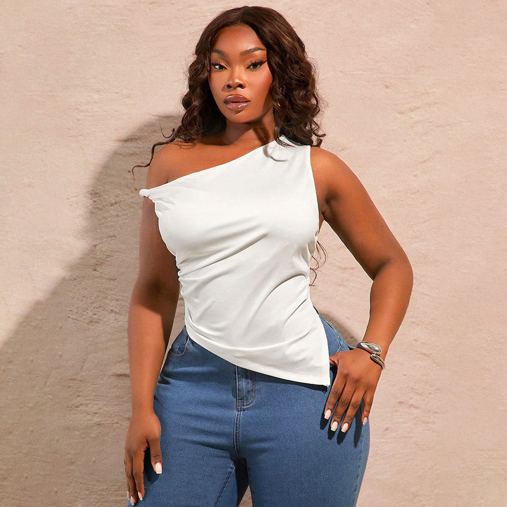 Plus Size Women Clothes Sexy Diagonal Collar T shirt Summer Cold Shoulder Sleeveless Irregular Asymmetric Top