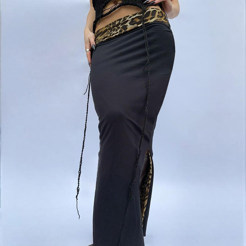 Women Streetwear Reverse Cuffed Waist Office Lady Sheath Skirt Leopard Print Floral Print Slit Skirt Long Skirt