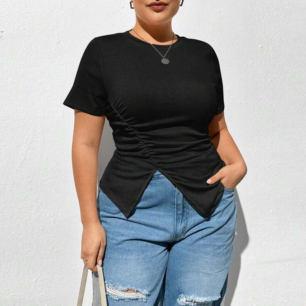 Plus Size Women Simple T shirt Summer round Neck Solid Color Short Sleeve Split Top