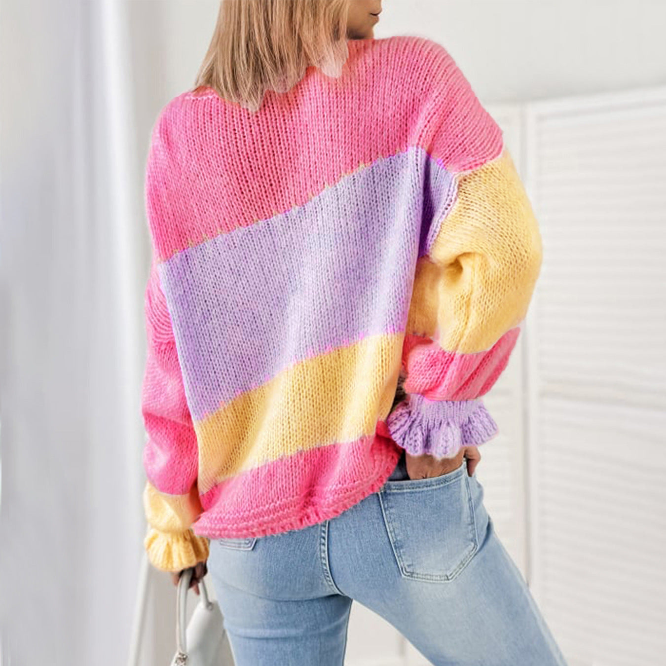 Women Autumn Winter Sweater Color Block Stitching Casual Loose Ruffled Long Sleeve Knitted Cardigan