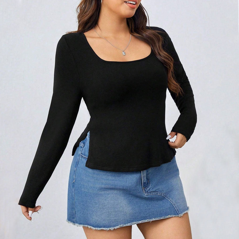 Autumn Winter Black Knitted Long Sleeved Bottoming Shirt Simple Graceful Office Square Collar Slim Fit Slimming Top