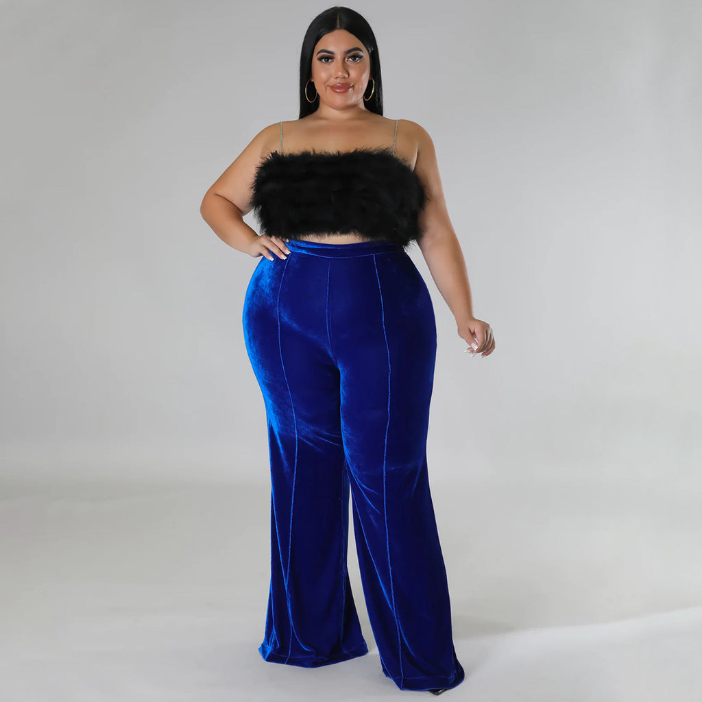 Winter Women Clothing Patchwork Korean Velvet Bootcut Trousers High Waist Casual Pants