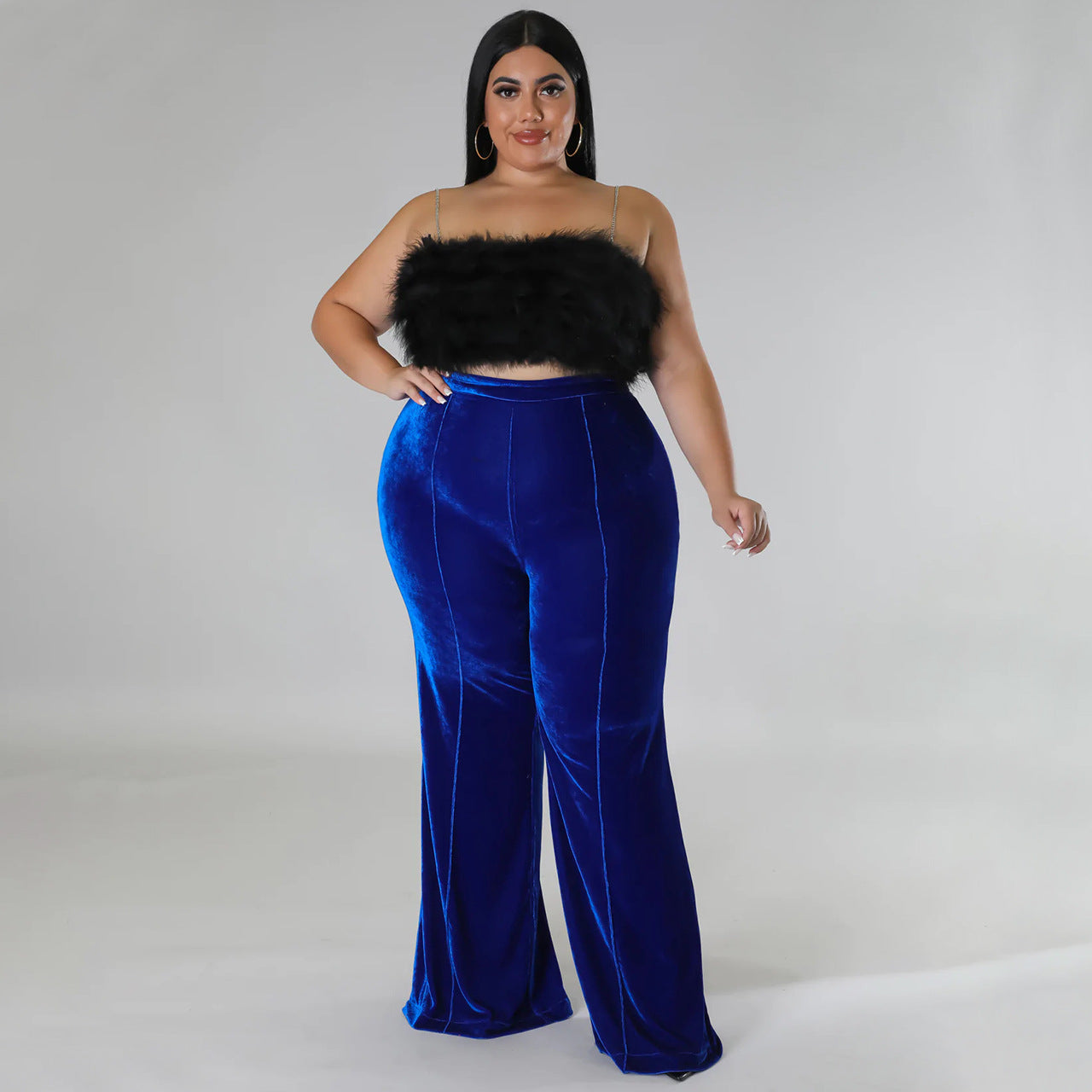 Winter Women Clothing Patchwork Korean Velvet Bootcut Trousers High Waist Casual Pants