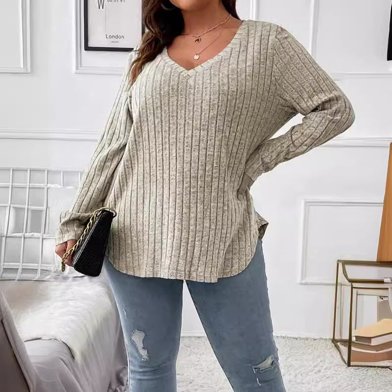 Autumn Winter Solid Color plus Size Women Clothes Top V neck Long Sleeve Sunken Stripe Brushed T shirt Loose Pullover
