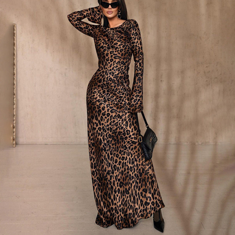 Round Neck Sexy Long Autumn Leopard Print High Waist Slim Fit Dress