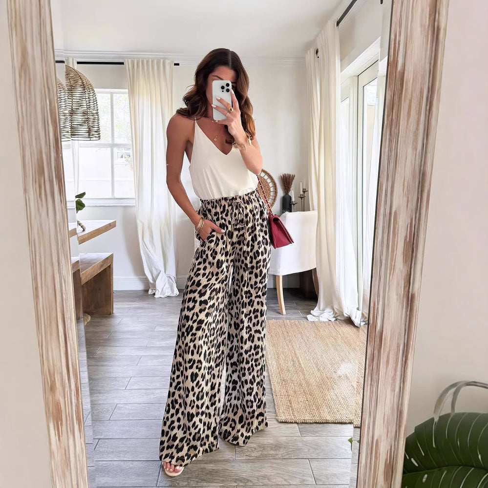 Leopard Print Wide Leg Casual Pants Spring Wide Leg Straight Trousers