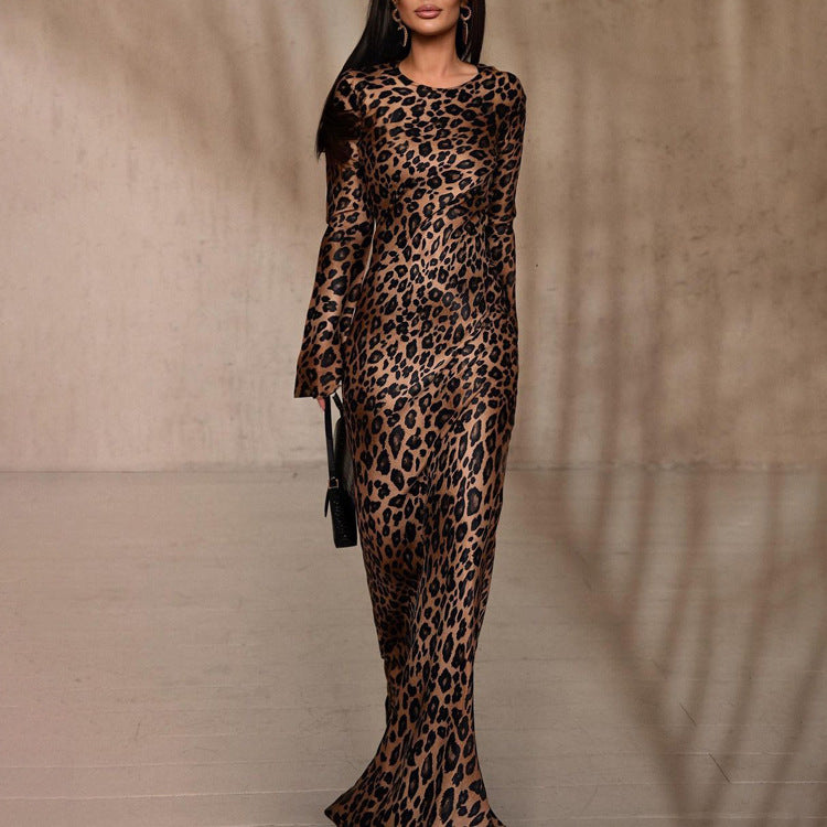 Round Neck Sexy Long Autumn Leopard Print High Waist Slim Fit Dress