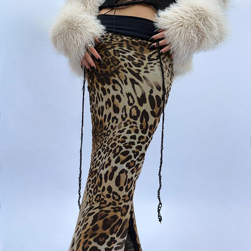 Women Streetwear Reverse Cuffed Waist Office Lady Sheath Skirt Leopard Print Floral Print Slit Skirt Long Skirt