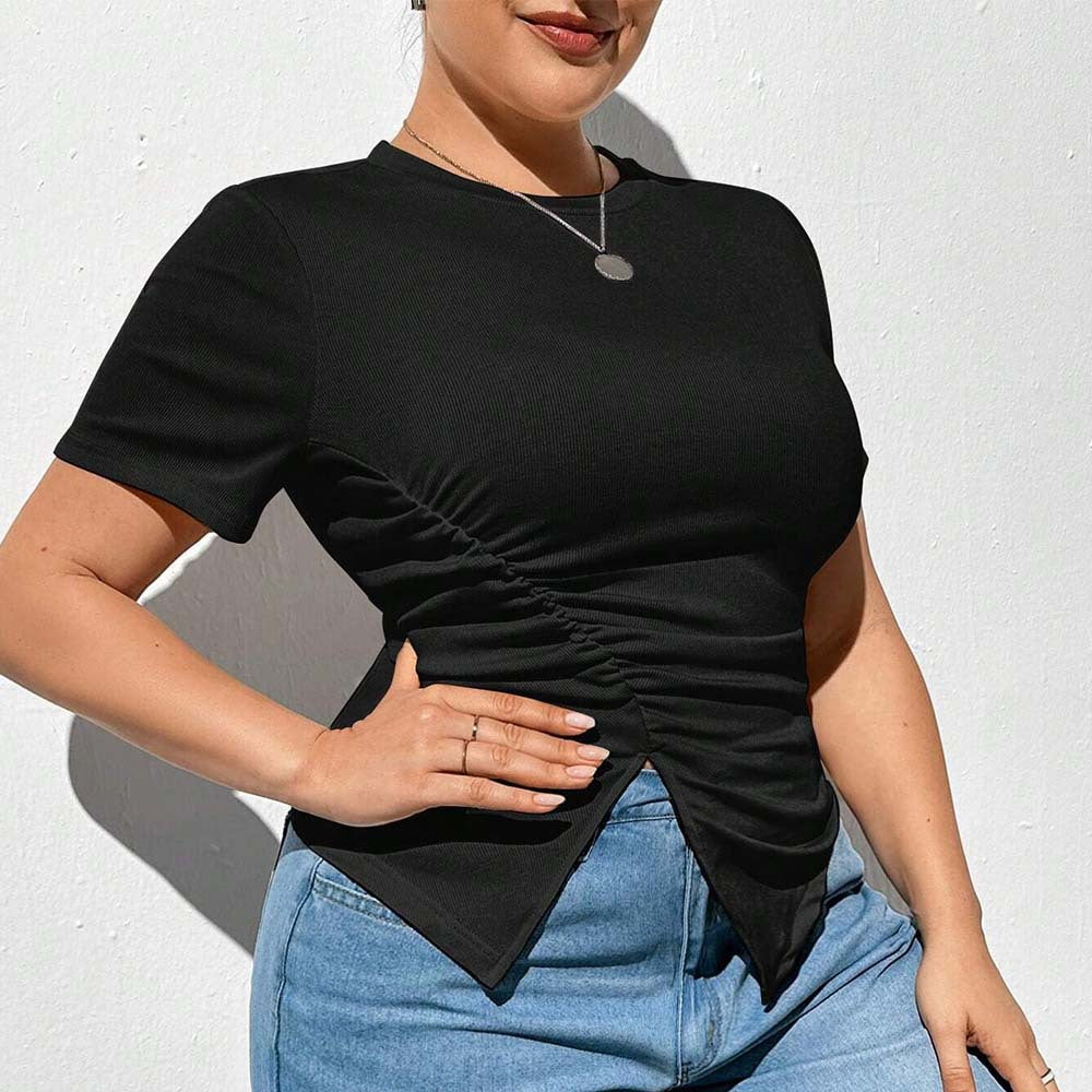 Plus Size Women Simple T shirt Summer round Neck Solid Color Short Sleeve Split Top