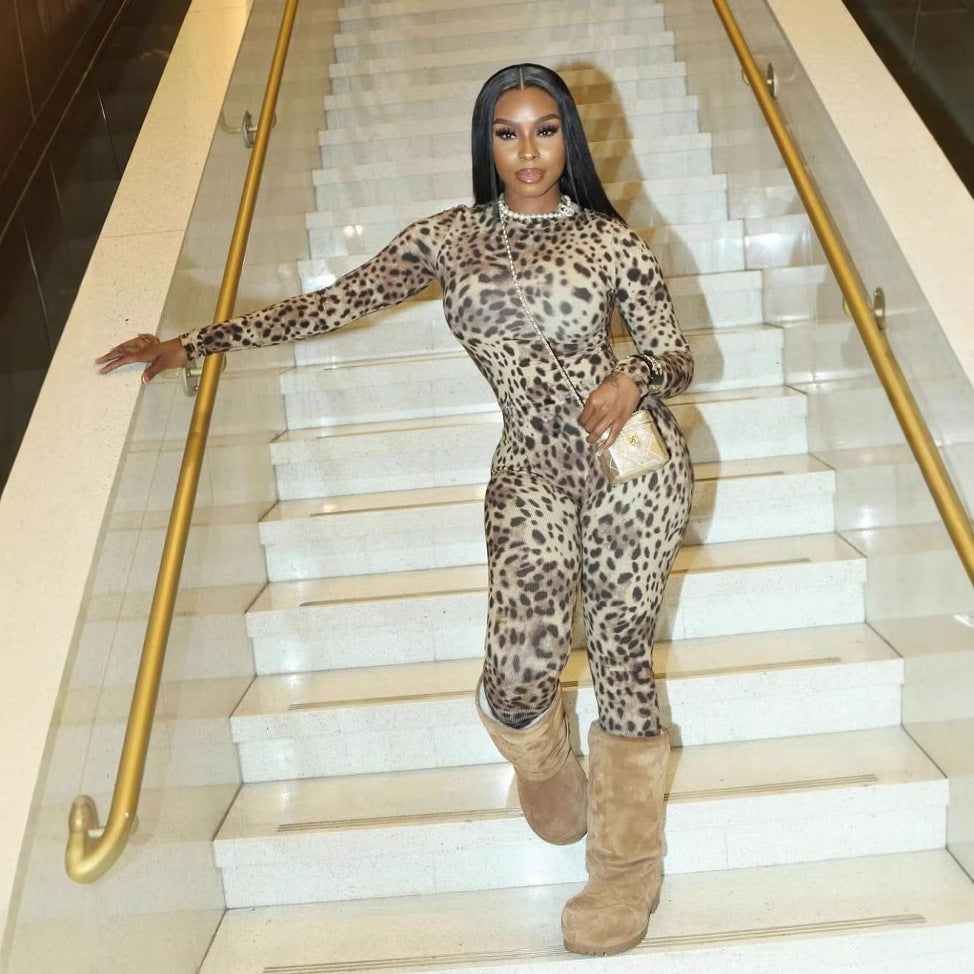 Autumn Winter Leopard Print Wild Slim Sexy Stretch Long Sleeve Short Top Trousers Set