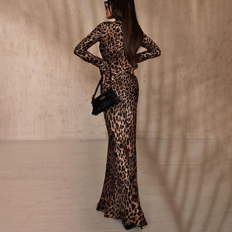 Round Neck Sexy Long Autumn Leopard Print High Waist Slim Fit Dress