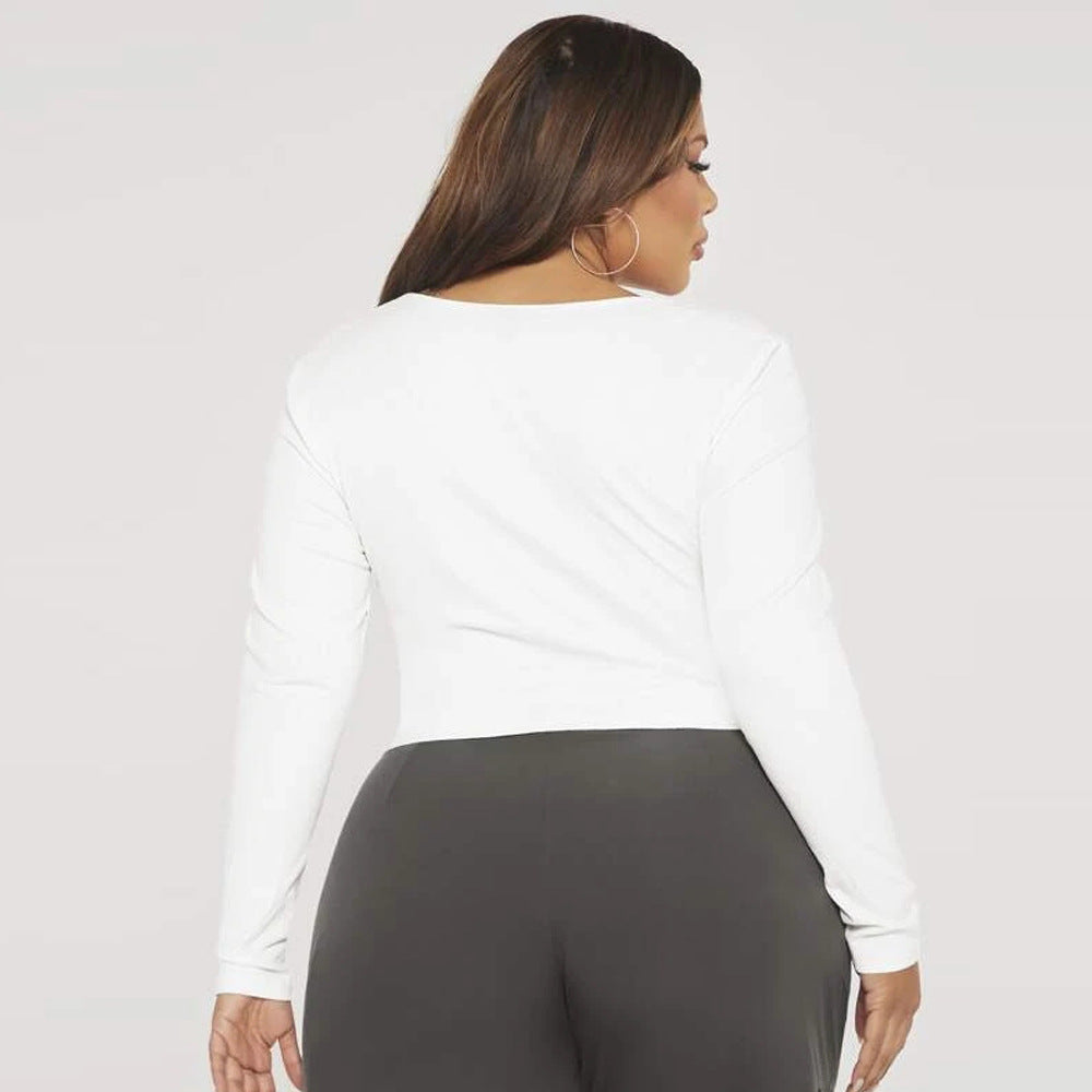 Plus Size Women Clothing Autumn Winter Slim Fit Slit Stretch Knitted Casual Long Sleeves T shirt Top