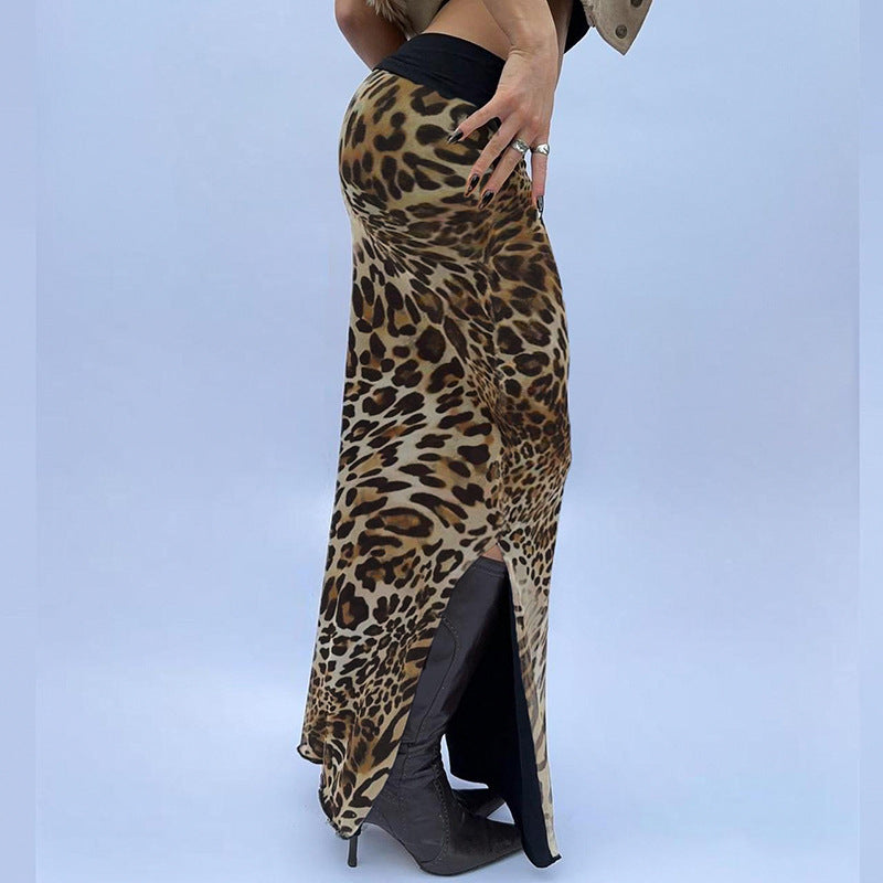 Women Streetwear Reverse Cuffed Waist Office Lady Sheath Skirt Leopard Print Floral Print Slit Skirt Long Skirt