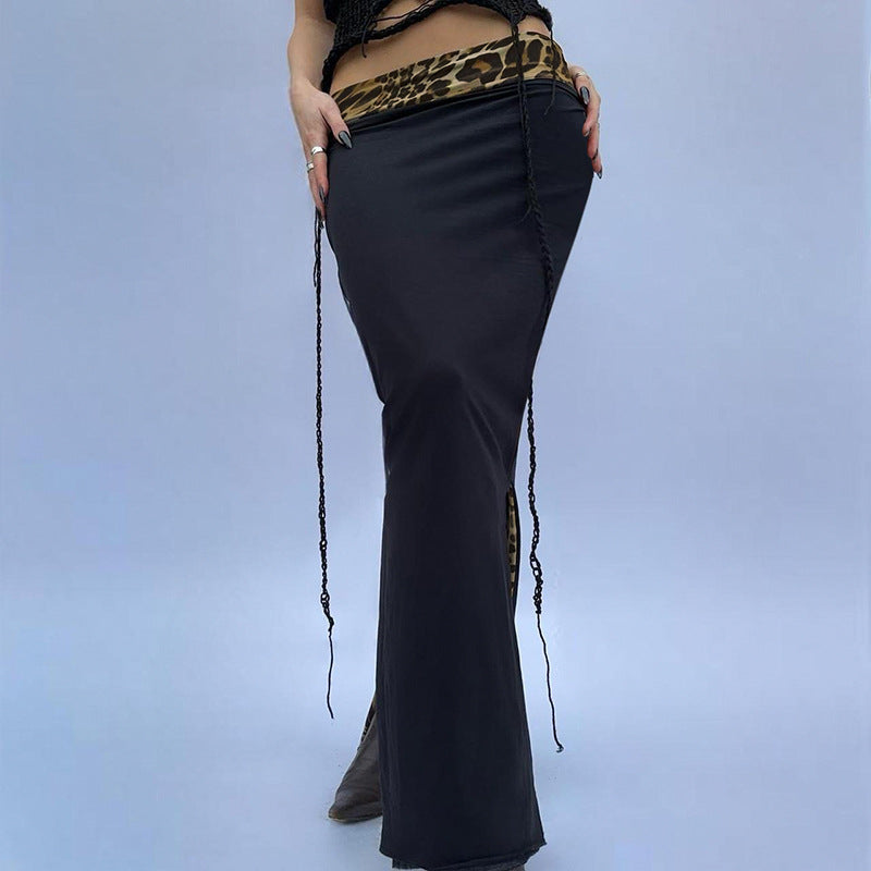 Women Streetwear Reverse Cuffed Waist Office Lady Sheath Skirt Leopard Print Floral Print Slit Skirt Long Skirt