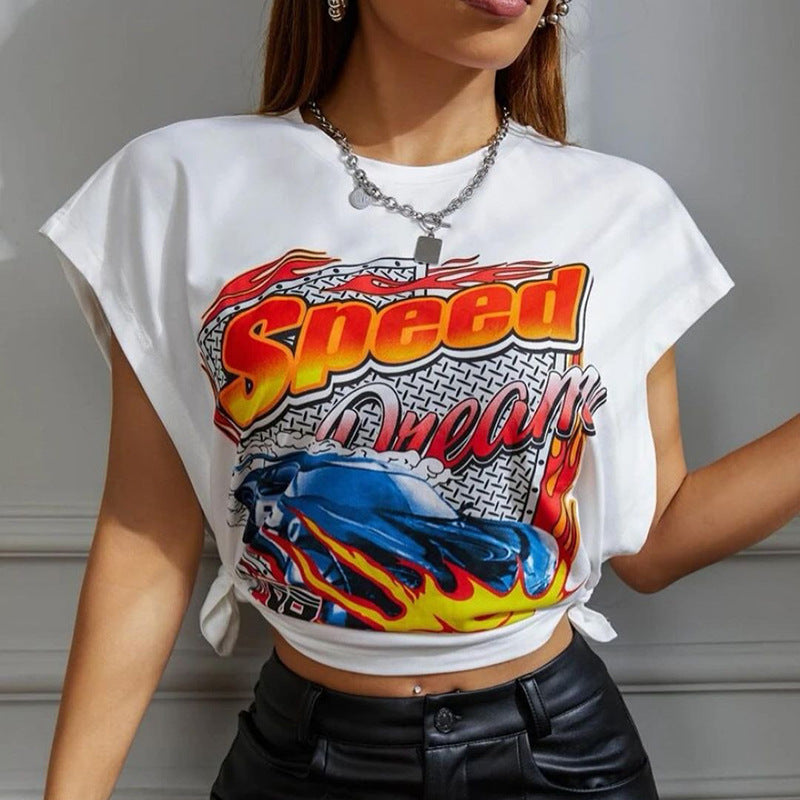 Women Clothing Summer Printed Round Neck Sleeveless Split Casual Short Top
