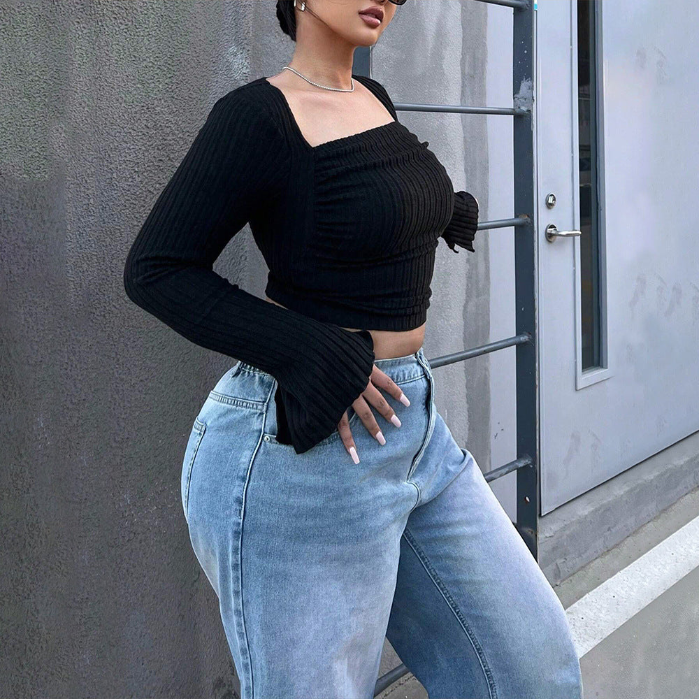 Plus Size Women Sweet Spicy Square Neck T Shirt Fall Winter Trend Cropped Long Sleeves Top