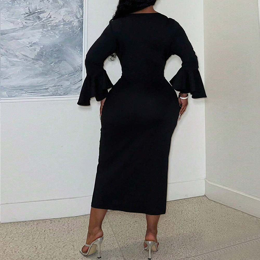 Plus Size Women Sexy Elegant Dress Autumn Winter Square Collar Ruffle Sleeve Slim Midi Dress