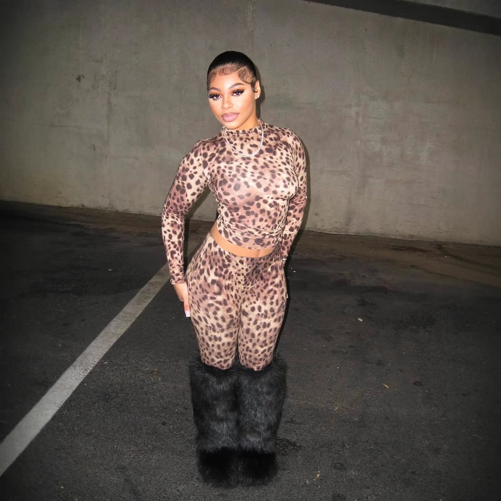 Autumn Winter Leopard Print Wild Slim Sexy Stretch Long Sleeve Short Top Trousers Set